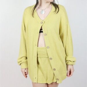 FP Beach Women's Chartreuse Cardigan Sweater and Skirt Set
